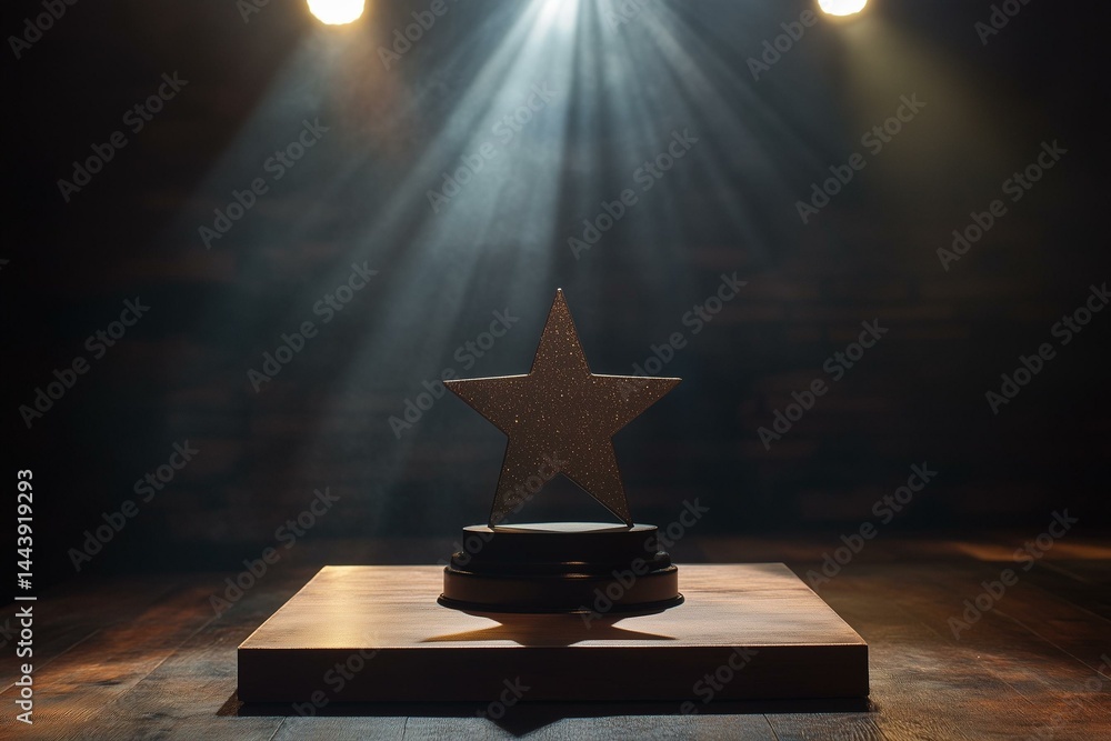Star-shaped award on a table with spotlights and copy space