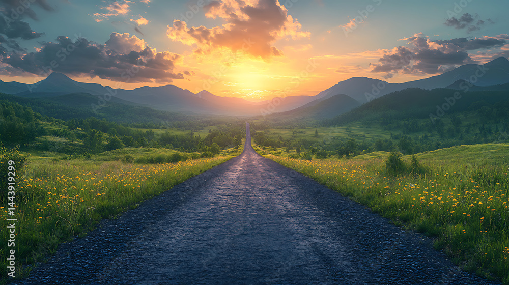 Serene sunset over a winding road through lush green hills and distant mountains Serene sunset over a winding road through lush green hills and distant mountains