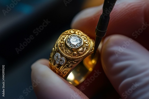 Obraz na płótnie Jeweler puts diamond to golden wedding luxury ring. w salonie