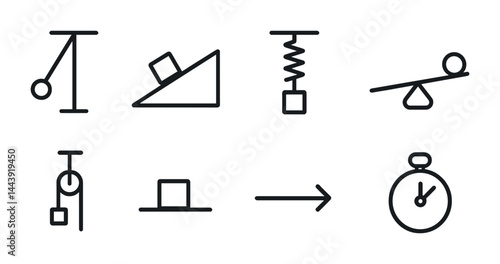 Physics and mechanics outline icons set – linear style for science, education, and learning: lever, inclined plane, spring, seesaw, pulley, wedge, arrow, stopwatch.