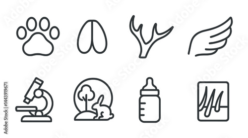 Nature and biology outline icon set – linear style symbols for ecology, wildlife, and science: paw, lungs, antler, wing, microscope, wildlife scene, baby bottle, hair.