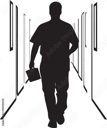 Silhouette Person Walking Down Hallway with Briefcase Professional Vector Icon Set
