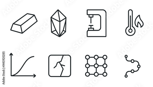 Materials science line icons set – outline style chemistry, physics, and engineering symbols: metal bar, crystal, hardness tester, thermometer, graph, fracture, molecule