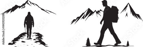 Silhouette Hiker Trekking in Mountain Landscape Adventure Vector Icon Set