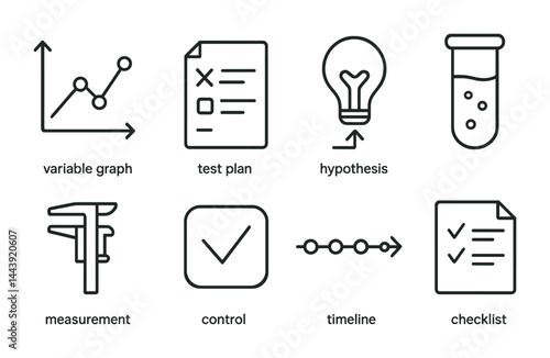 Scientific research line icons set – outline style for experimentation, data analysis, and study: variable graph, test plan, hypothesis, measurement, control, timeline, checklist.