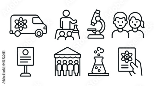 Science education icons set – outline style learning, school, and experiment symbols: science van, teacher, microscope, students, curriculum, tent, beaker, handbook