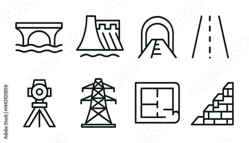 Infrastructure and construction line icons set – outline style development, architecture, and engineering symbols: bridge, dam, tunnel, road, theodolite, power line, blueprint, brick wall.