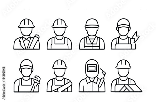 Construction professionals outline icons set – line style building, engineering, and tradesman symbols for architecture: engineer, worker, welder, builder, electrician, foreman, technician.