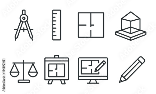 Architecture and design icons set – line style blueprints, drafting, and tools for creative projects: compass, ruler, floor plan, cube, scale, board, monitor, pencil.