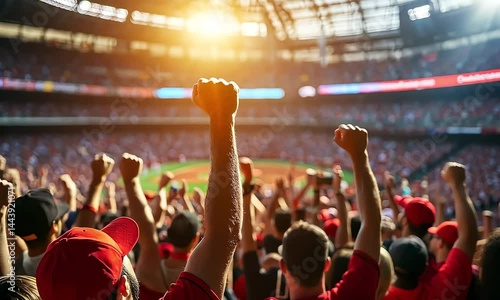 Aroused stadium fans show their joy with raised arms and clenched fists