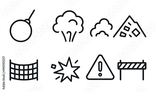 Construction safety outline icon set – linear industrial, hazard, warning symbols for workplace safety: wrecking ball, dust cloud, debris, safety net, explosion, alert sign, barrier.