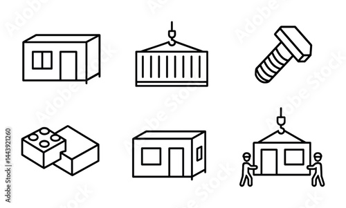 Construction and architecture icon set – outline style building, engineering, and infrastructure symbols for design projects: house, container, bolt, brick, modular building, crane, worker.