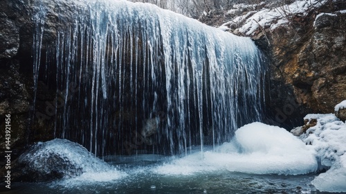 Frozen waterfall cascading over rocks