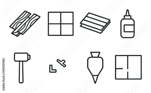 Construction tools and materials icon set - outline style building, carpentry, and diy symbols: wood, tiles, planks, glue, hammer, corner bracket, grout, plan