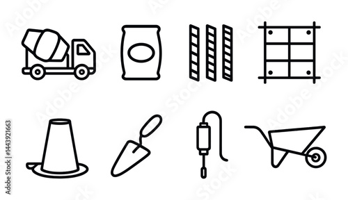 Construction tools outline icons set – linear style building, engineering, and infrastructure symbols for industry use: cement mixer, cement bag, rebar, scaffolding, traffic cone, trowel, concrete
