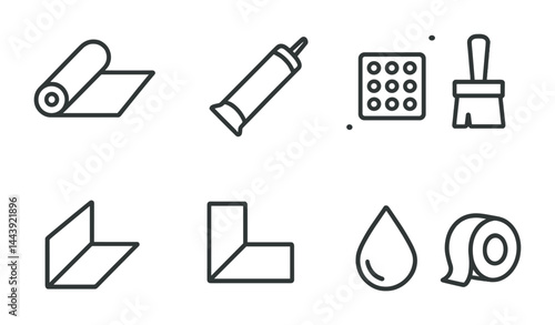 Home renovation linear icons set – outline style remodeling, improvement, and diy symbols for construction planning: floor plan, sealant, tile, paintbrush, corner angle, droplet, adhesive tape.