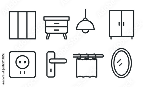 Home and interior outline icon set – modern line style decor, furniture, and lighting symbols for interior design: wardrobe, nightstand, lamp, cabinet, outlet, handle, curtain, mirror.