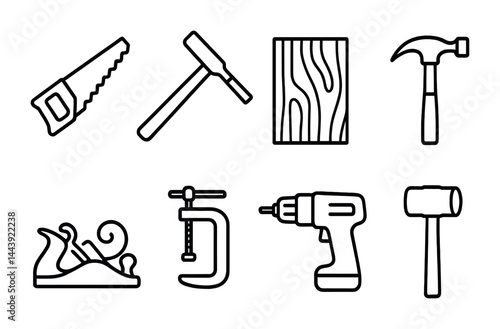 Woodworking tools icon set – outline style: crafting, carpentry, and diy symbols for wood projects: saw, hammer, drill, mallet, wood plank, clamp, plane