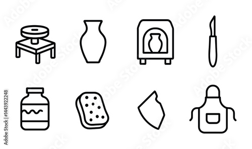 Pottery tools line icons set – outline style for crafting and ceramic art: potter's wheel, vase, kiln, sculpting tool, jar, sponge, clay piece, apron.