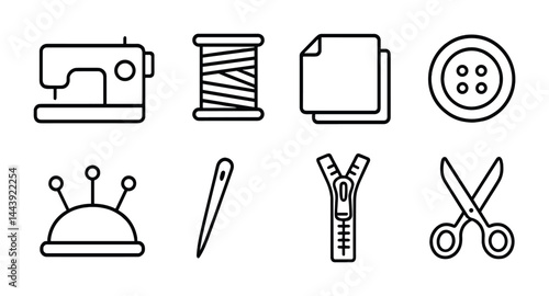 Sewing and tailoring outline icons set – linear style for crafting and fashion design: sewing machine, thread spool, fabric, button, pin cushion, needle, zipper, scissors