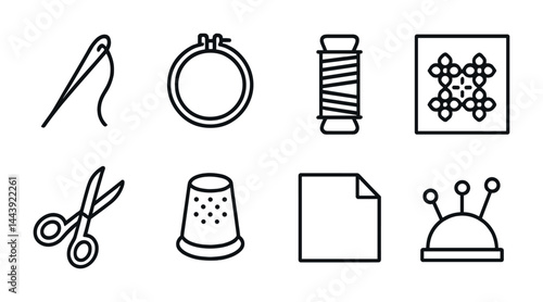 Needlecraft and sewing tools icon set - outline style embroidery, tailoring, and craft essentials: needle, thread spool, scissors, thimble, hoop, pincushion, pattern, beadwork.