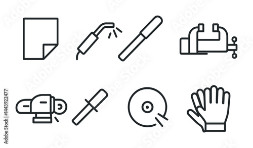 Metalworking tools outline icons set – linear style workshop, machining, and diy symbols for craft professionals: welding torch, file, clamp, grinder, abrasive disc, gloves.