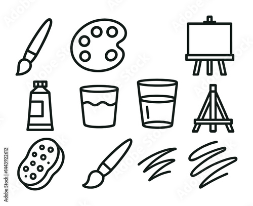 Art tools outline icon set – linear style creativity, painting supplies, and craft elements for artists: paintbrush, palette, easel, paint tube, water cup, sponge