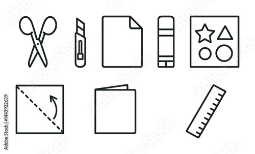 Craft and diy outline icons set – linear style for creative projects and handicrafts: scissors, cutter, paper, glue stick, stencil, origami, folder, ruler.