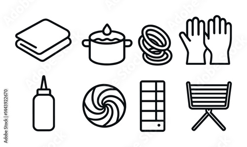 Laundry and household outline icons set – linear style for home organization and cleaning: detergent, laundry basket, dryer, iron, hanger, soap, mop, towel.
