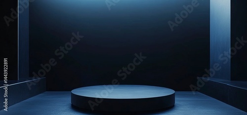 A dark blue sci-fi background with an empty podium for product display, surrounded by futuristic black walls and high-tech elements. The room is illuminated by soft light from the top left corner, 