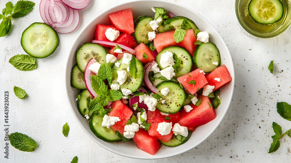 Fresh watermelon salad, vibrant colors, cucumber slices, red onion, feta cheese, mint leaves, white ceramic bowl, rustic table setting Fresh watermelon salad, vibrant colors, cucumber slices, red onion, feta cheese, mint leaves, white ceramic bowl, rustic table setting