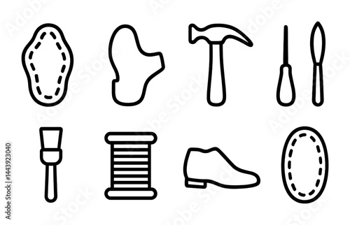 Shoemaking tools outline icons – linear style craftsmanship, artisan symbols for footwear design: shoe sole, hammer, awl, brush, thread spool, shoe, stitching pattern.
