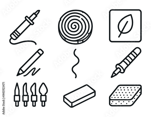 Sustainable living outline icon set – eco-friendly, minimal, and green lifestyle symbols: solar panel, tree, recycling, bicycle, water drop, light bulb, reusable bag.