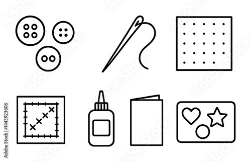 Crafting and sewing outline icon set – linear style handicraft, diy, and needlework symbols for creative projects: buttons, needle, fabric, pattern, glue, paper, card.