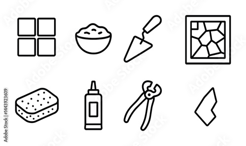 Construction and masonry tools with trowel, sponge, and mosaic elements for diy projects