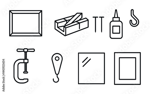 Woodworking tools outline icon set – linear style for diy, carpentry, and craft projects: frame, wood planks, nails, glue, clamp, hook, mirror, picture frame.