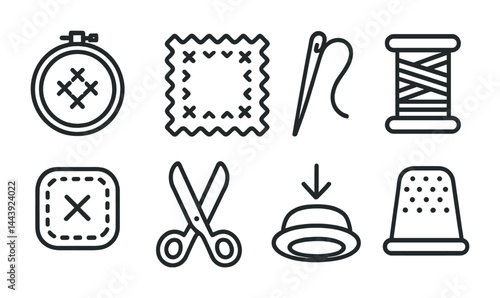 Sewing and needlework outline icon set – linear style craft, embroidery, and diy symbols: embroidery hoop, patch, needle, thread, pincushion, scissors, hat, thimble.