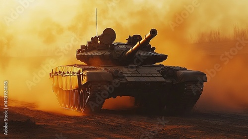Military tank in action amidst dust and sunset with dramatic lighting