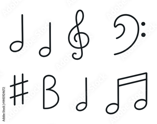 Musical symbols icon set – outline style for music notes, composition, and sound design: treble clef, bass clef, musical notes, sharp, flat, eighth note, key signature.