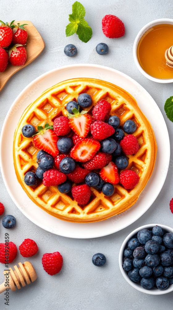 A golden waffle topped with fresh strawberries, blueberries, raspberries, and honey, surrounded by berries and mint on a light background. A golden waffle topped with fresh strawberries, blueberries, raspberries, and honey, surrounded by berries and mint on a light background.