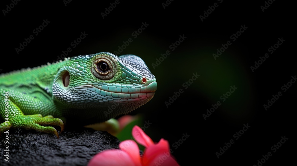 Obraz premium Close-up of a vibrant green lizard, profile view, resting on dark rock, with pink flowers in the background