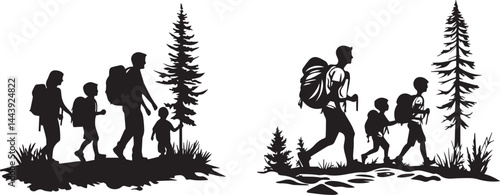 Silhouette Family Hiking in Nature with Backpacks Outdoor Adventure Vector Icon Set. Family Hiking in Forest with Backpacks Silhouette Icon Set