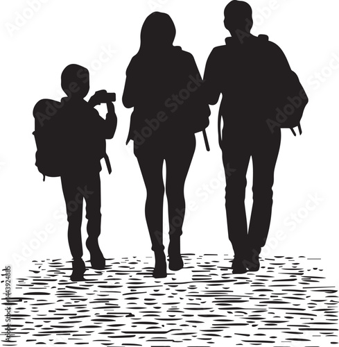 Silhouette Family Walking with Backpacks Travel Adventure Vector Icon Set