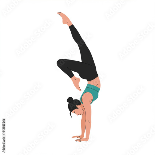 Minimalist Yoga Illustration – Female Gymnast in Handstand Pose with Teal and Black Sportswear