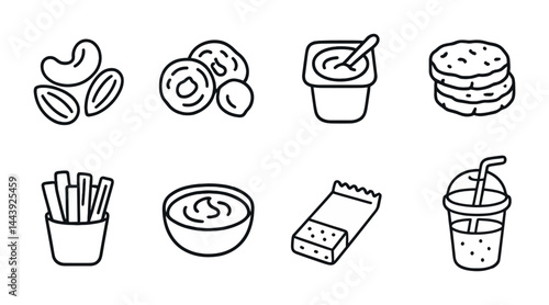 Healthy snack outline icon set – linear style nutrition, wellness, and food symbols for diet planning: nuts, fruit, yogurt, cookies, fries, dip, granola bar, smoothie.