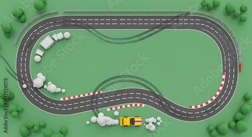 3d cute cartoon illustration, aerial view of race track with tire marks and smoke, subject positioned at the bottom with clear copy space at the top.