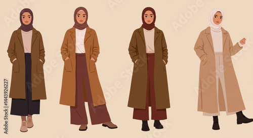 Modern Hijab Fashion – Flat Vector Illustration of Diverse Muslim Women in Contemporary Modest Wear