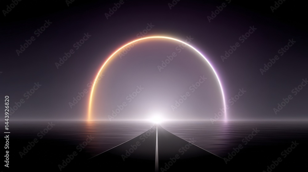 Obraz premium Futuristic Road Neon Arch Seascape Digital Art Sci Fi Background
