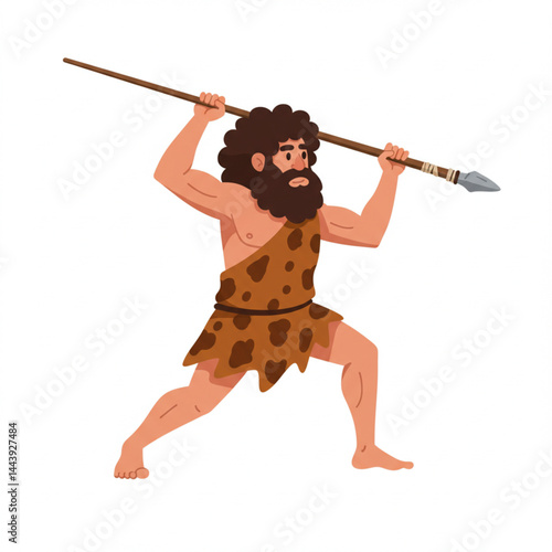 Prehistoric Caveman Throwing Spear – Cartoon Illustration of Stone Age Hunter in Dynamic Pose