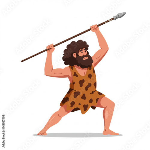 Prehistoric Caveman Throwing Spear – Cartoon Illustration of Stone Age Hunter in Dynamic Pose